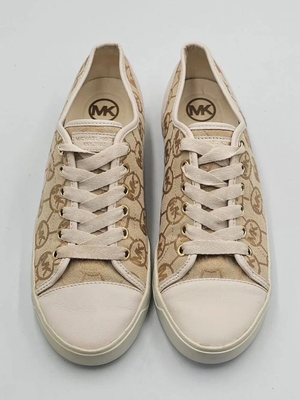 Michael Kors Women's Beige Monogram Jacquard Leather Trim Sneakers Size 9 3771